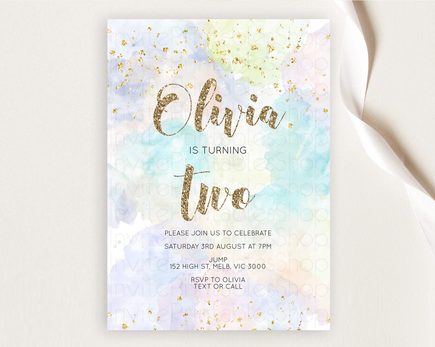 Rainbow Birthday Invitation Colorful Pastel Watercolor Invitation Gold Glitter Sprinkles Ombre Pastel 1st 2nd 3rd Birthday D10614