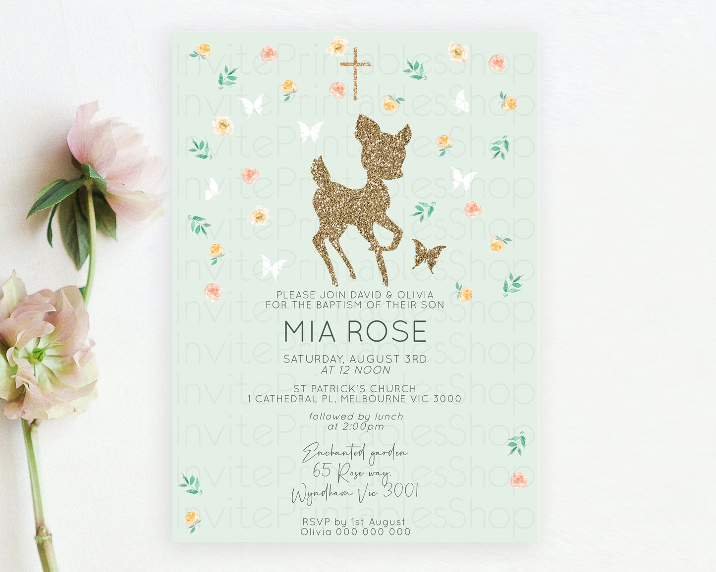 Fawn Baptism Invitation Deer Baptism 1st Birthday Invitation Enchanted Forest Christening Invitation Pastel Garden Butterfly Floral D10385