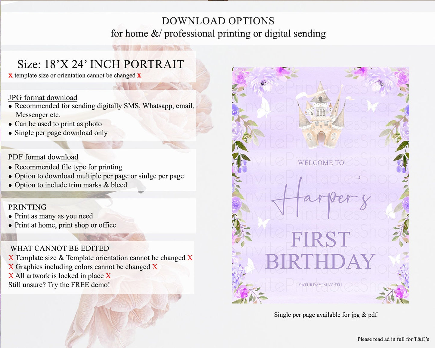 Princess Birthday Welcome Sign Castle Welcome Board Secret Garden Enchanted Castle Pastel Floral Garden First Birthday Welcome Sign D10339