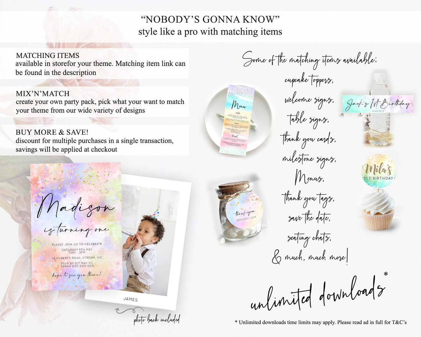 Rainbow Birthday Invitation Colorful Pastel Watercolor Invitation Gold Glitter Sprinkles Ombre Pastel 1st 2nd 3rd Birthday D10610