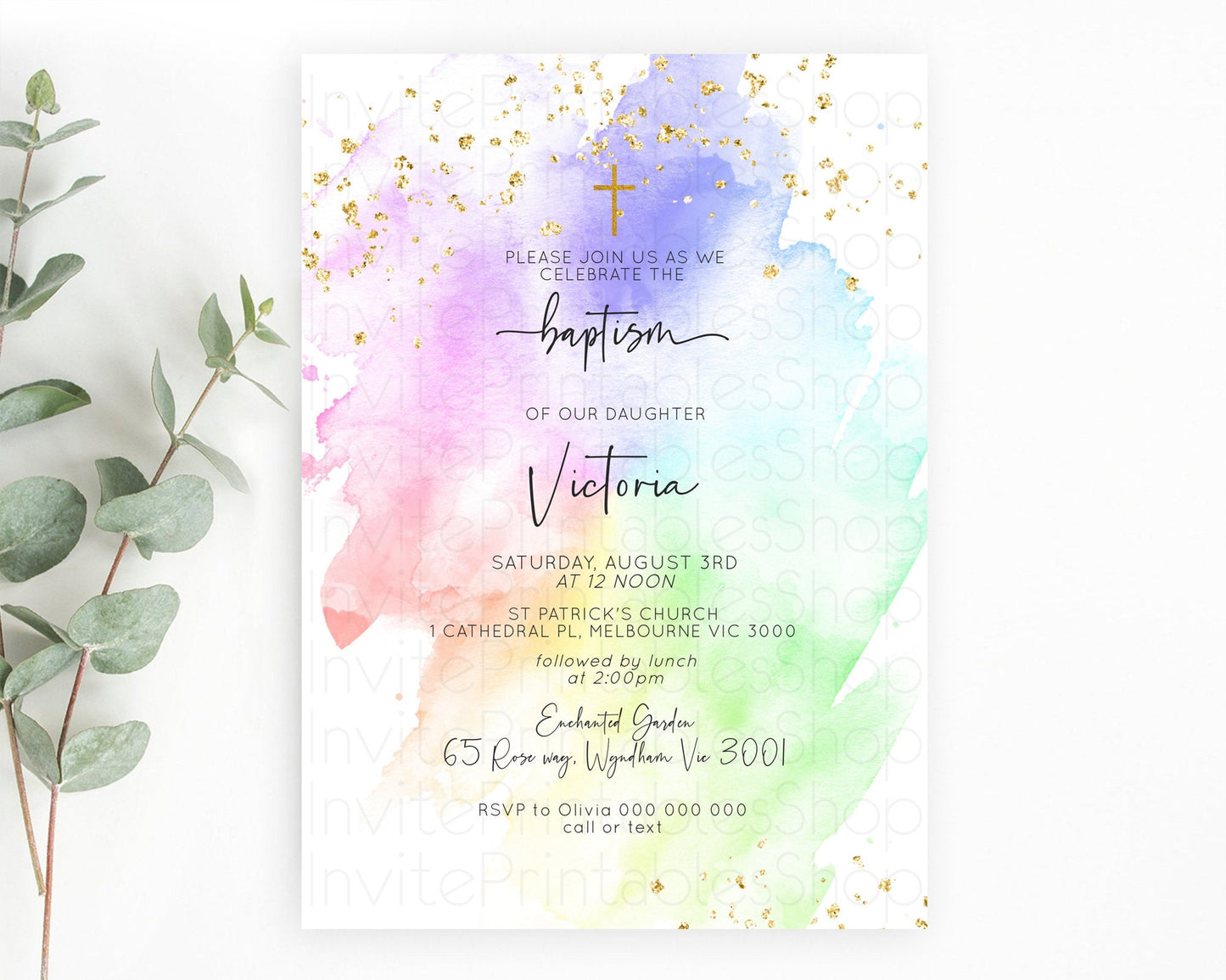 Pastel Baptism Invitation Pastel Colors Watercolor Baptism 1st Birthday Party Gold Ombre Pastel Rainbow Christening Holy Communion D10316