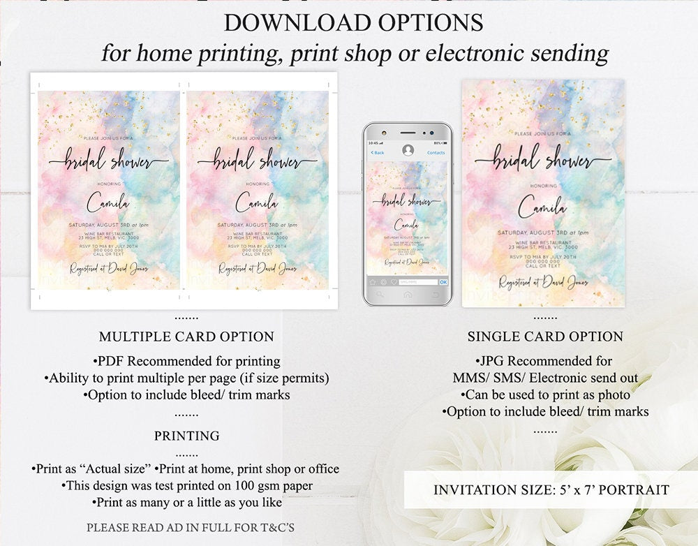 Pastel Bridal Shower Invitation Pastel Watercolor Bridal Shower Invite Rainbow Bridal Shower Invite Colorful Invite Gold Glitter Invite