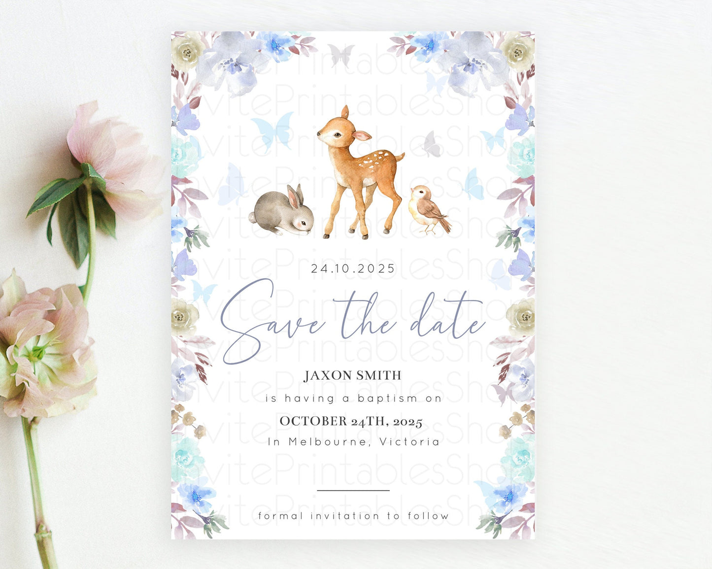 Fawn Deer Save The Date Template Pastel Floral Deer Enchanted Forest Butterfly Party 1st Birthday Baptism Baby Shower Bridal Shower D10929