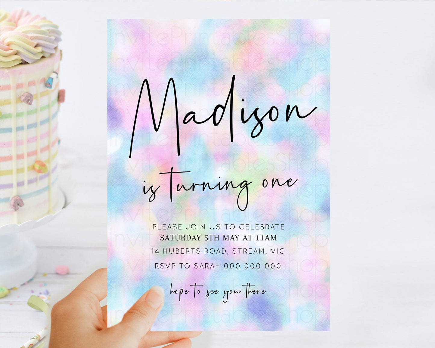 Editable Rainbow Birthday Invitation Colorful Pastel Watercolor Invitation G
