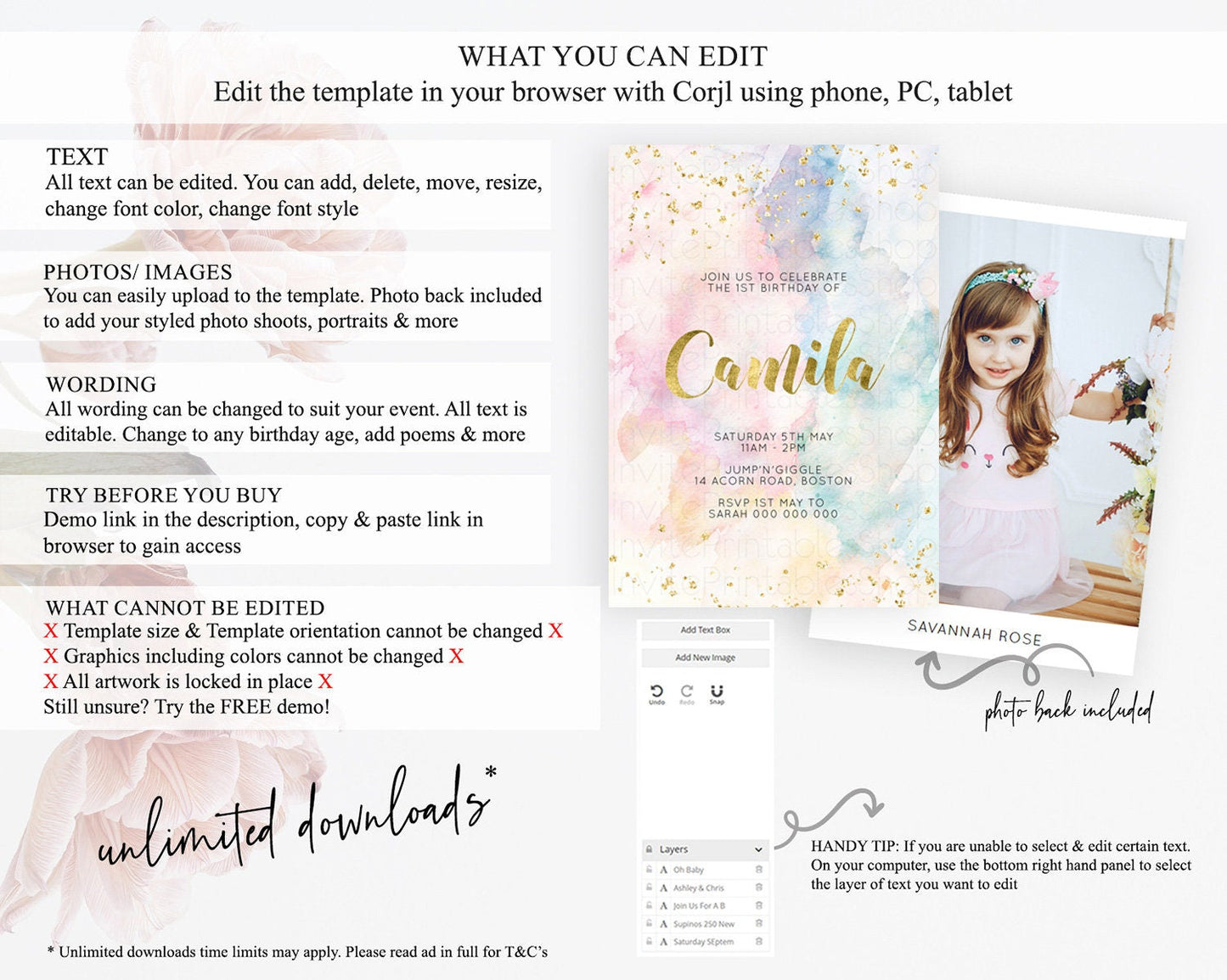 Rainbow Birthday Invitation Colorful Pastel Watercolor Invitation Gold Glitter Sprinkles Ombre Pastel 1st 2nd 3rd Birthday D10265