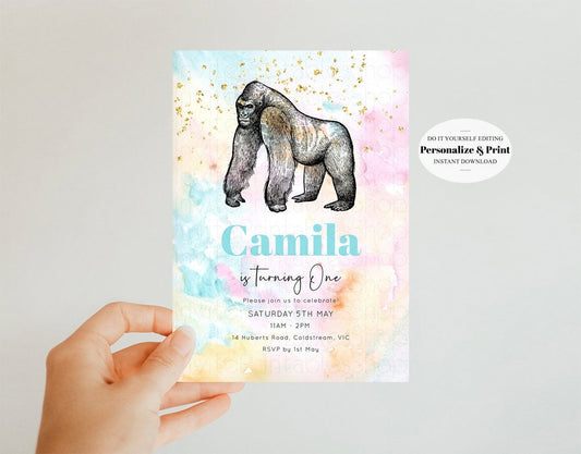 Rainbow Gorilla Birthday Invitation Pastel Gorilla Invite Colorful Gorilla Invitation Gold Glitter Sprinkles Invite Zoo Gorilla Party w284