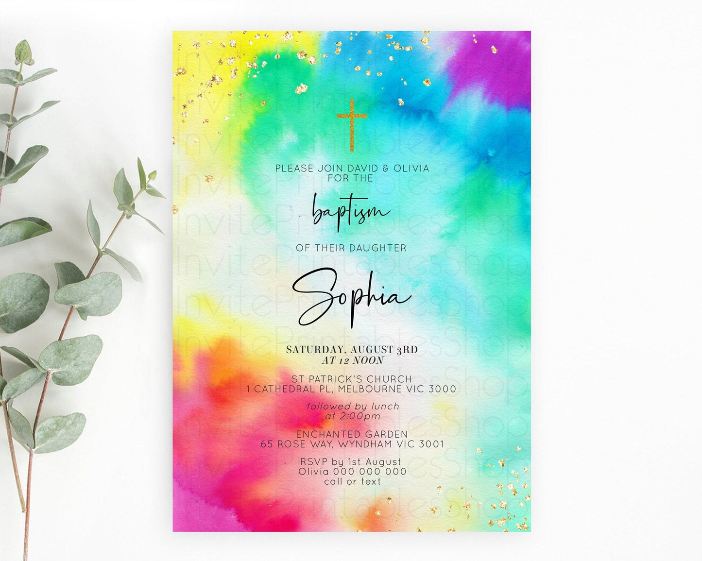 Tie Dye Baptism Invitation Rainbow Baptism 1st Birthday Invitation Pastel Ombre Colorful Christening Invitation Holy Communion D10462