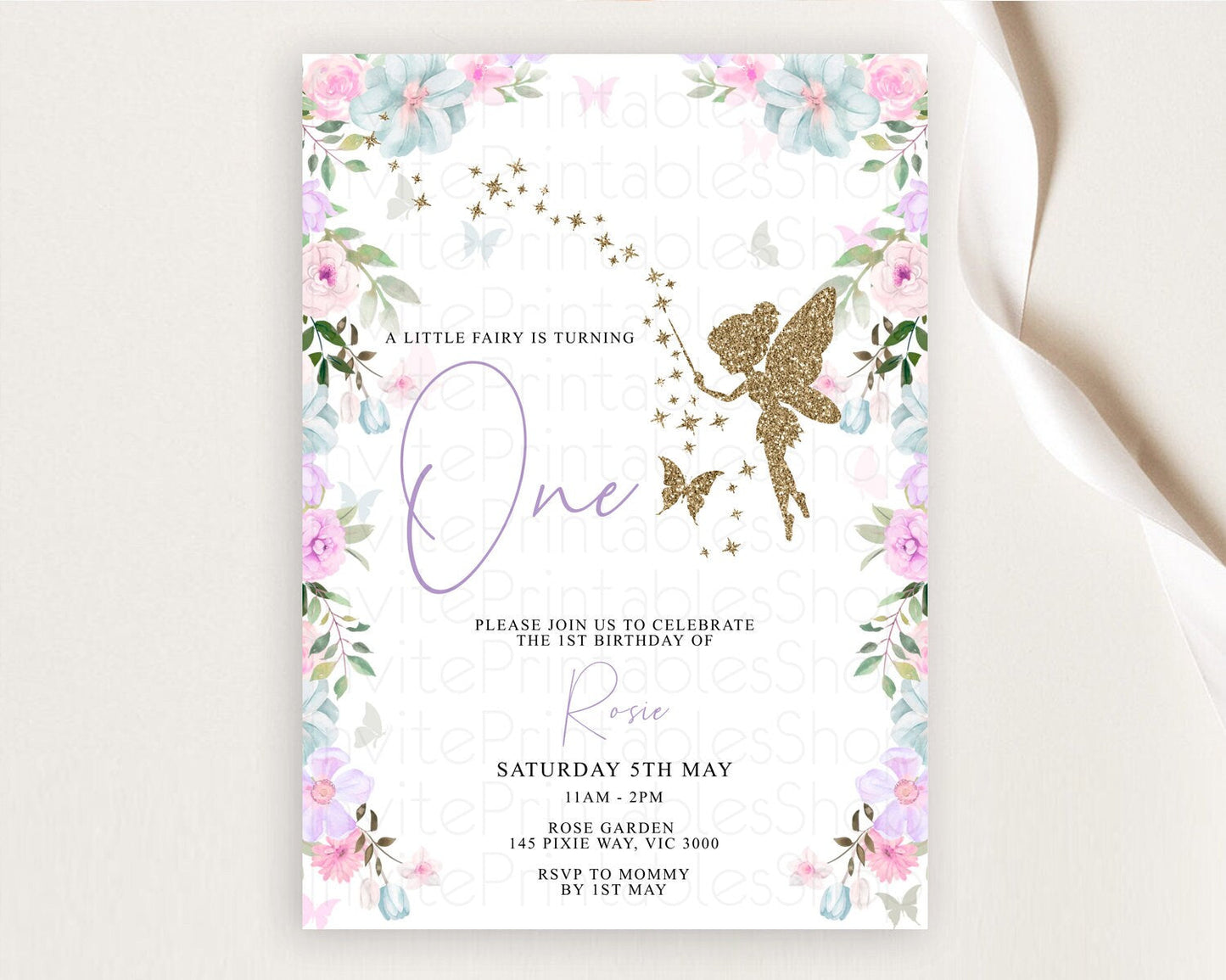 Fairy Birthday Invitation Fairy Invites Fairy Tea Party Fairy Garden Birthday Secret Garden Enchanted Garden Pastel Floral Butterfly D10475