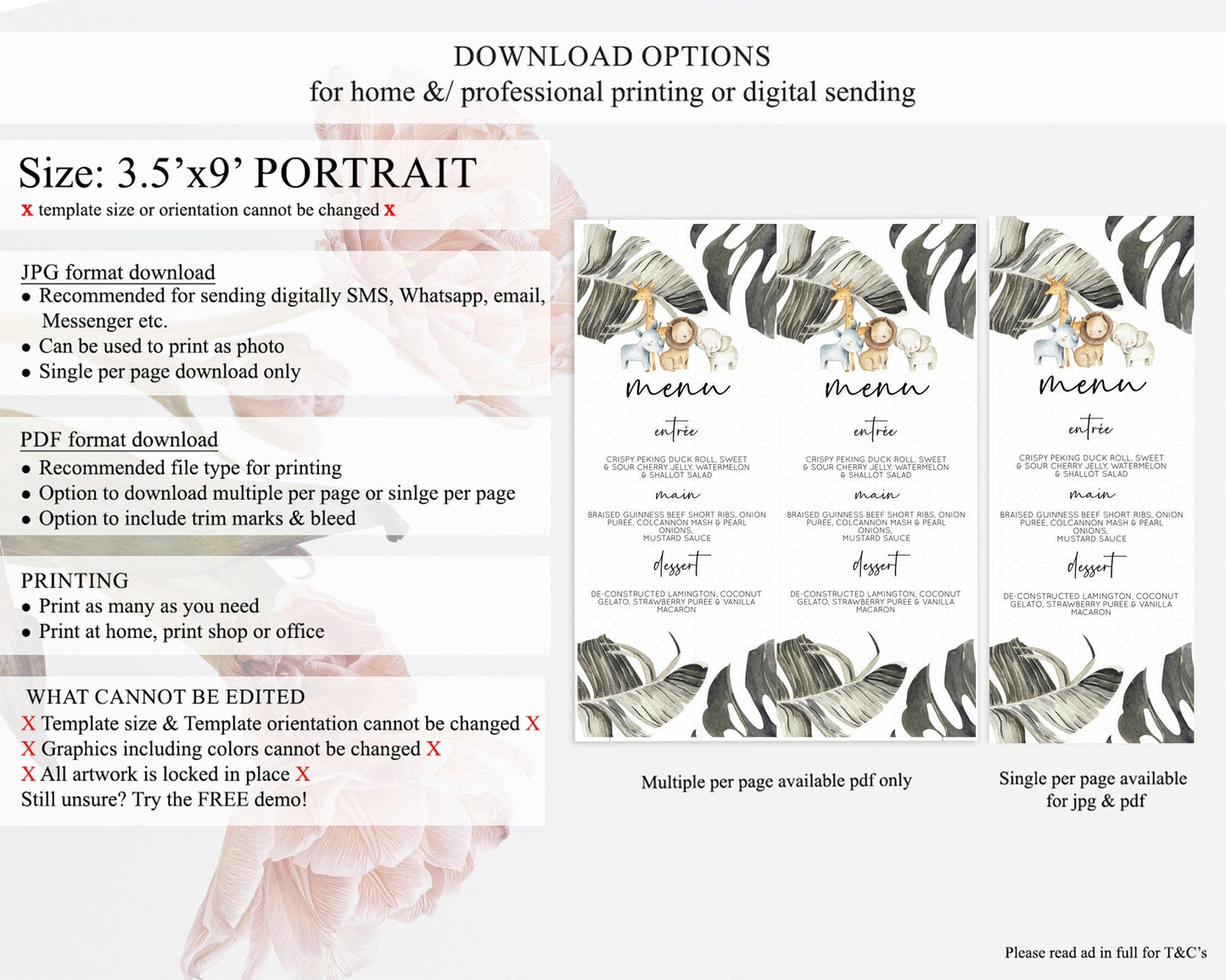 Safari Menu Safari Menu Template Lion Gorilla Elephant Rhino Tropical Palm Zoo Table Decor Safari Dinner Dessert Menu Food Menu D10599