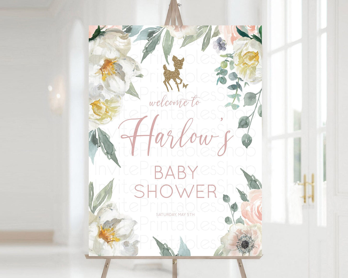 Editable Fawn Baby Shower Welcome Sign Deer Welcome Board Floral Deer Welcom