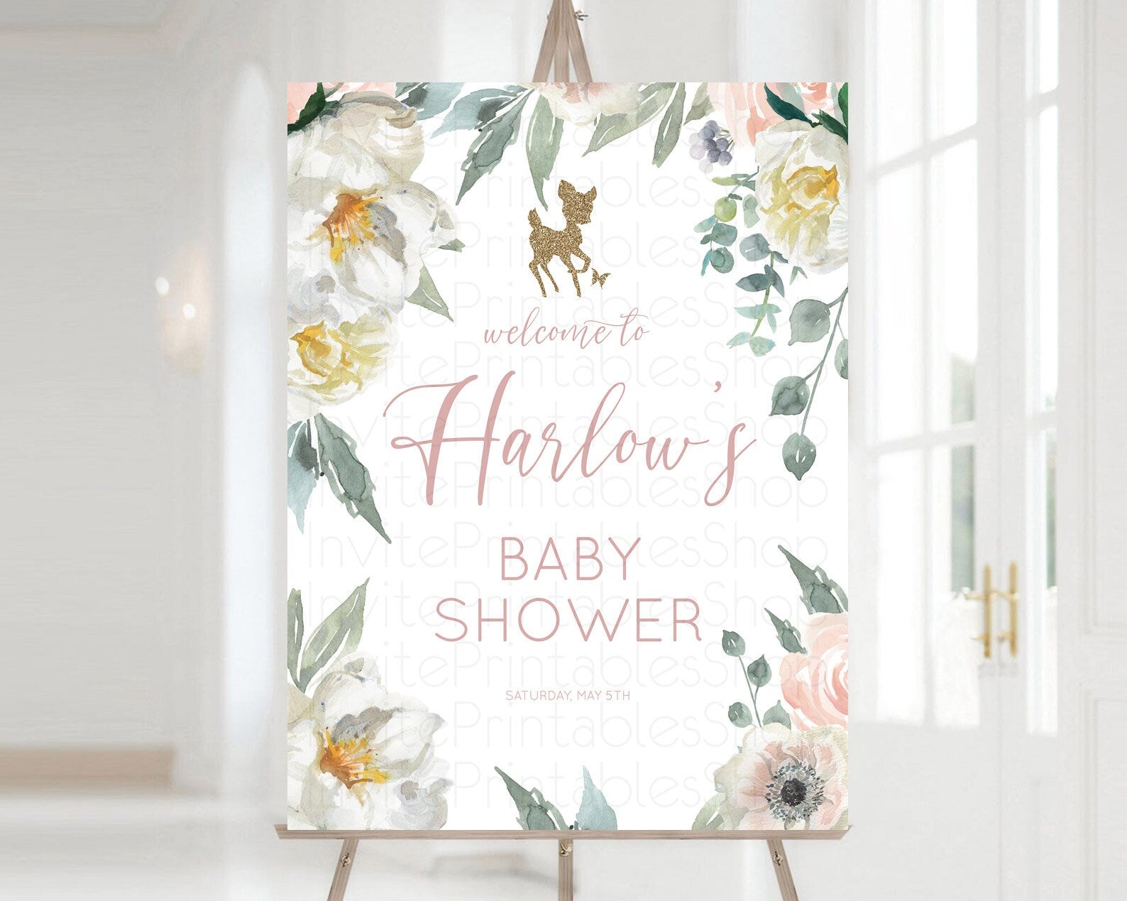 Editable Fawn Baby Shower Welcome Sign Deer Welcome Board Floral Deer Welcom