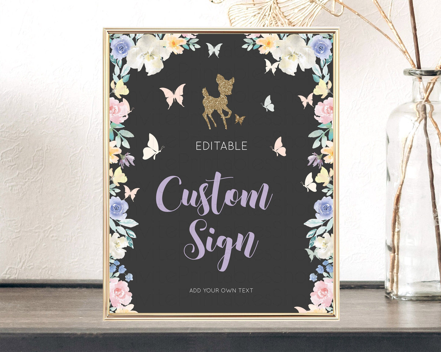 Fawn Deer Sign Pastel Floral Deer Table Sign Decor Enchanted Forest Butterfly Party 1st Birthday Baptism Baby Shower Bridal Shower D10880
