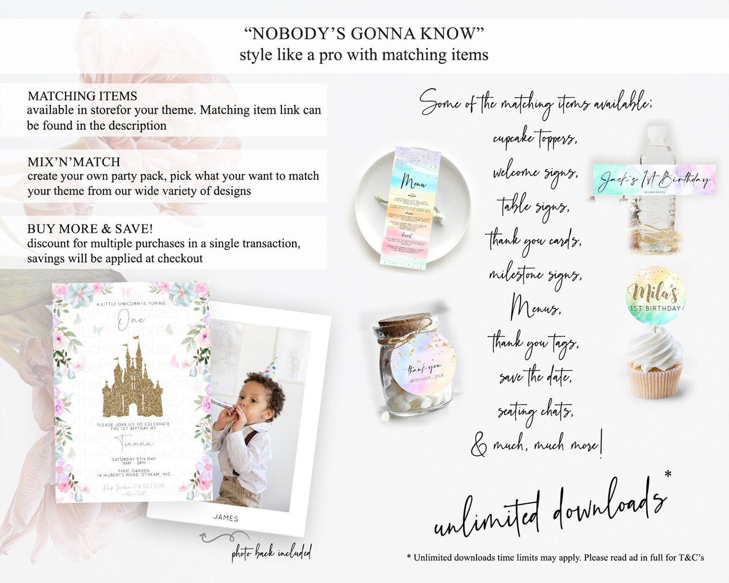 Princess Birthday Invitation Castle Invitation Royal Birthday Fairy Tale Enchanted Castle Pastel Floral Garden 1st First Birthday D10470