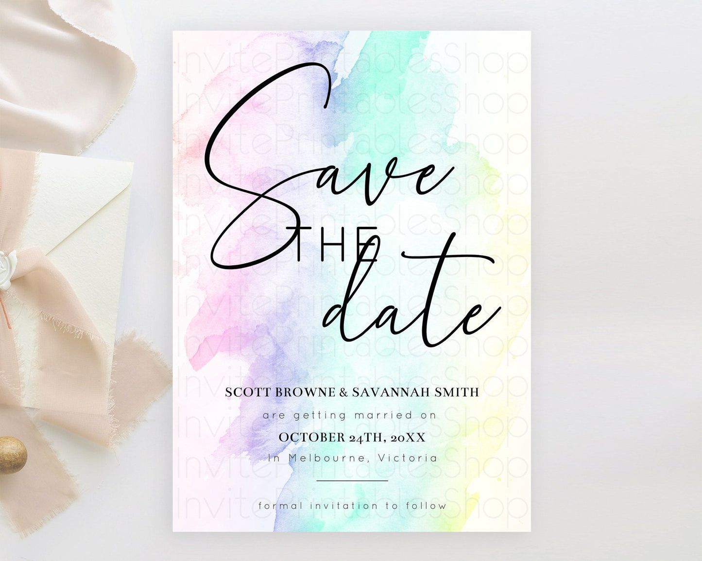 Pastel Save The Date Template Pastel Ombre Rainbow Watercolor Colorful Party For Birthday Baptism Baby Shower Wedding Bridal Shower D10231