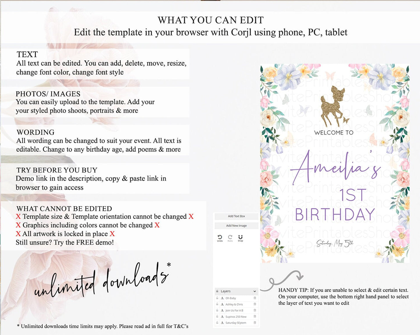 Fawn Welcome Sign Deer Welcome Board Floral Deer Welcome Poster Enchanted Forest Butterfly Pastel Floral First Birthday Welcome Sign D10477