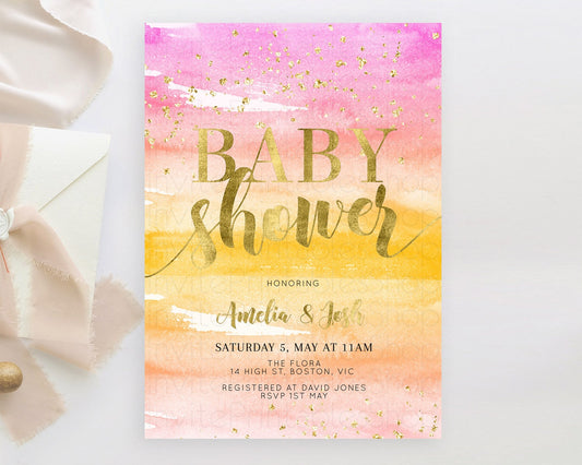 Pastel Baby Shower Invitation Rainbow Baby Shower Invitation Colorful Pastel Watercolor Invitation Gold Glitter Sprinkles Ombre D10520