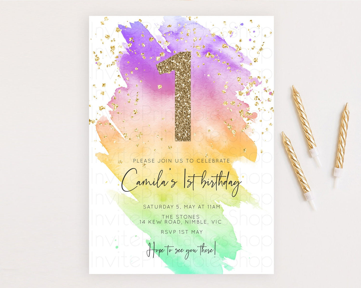 Rainbow Birthday Invitation Colorful Pastel Watercolor Invitation Gold Glitter Sprinkles Ombre Pastel 1st 2nd 3rd Birthday D10518