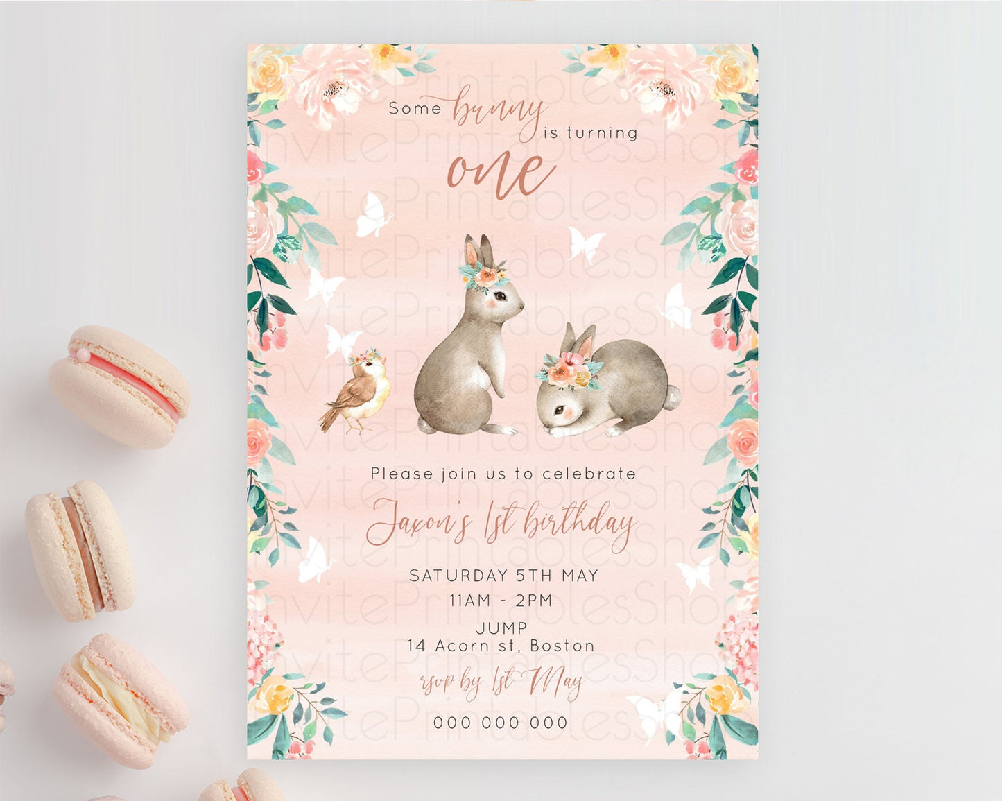 Bunny Birthday Invitation Floral Bunny Invitation Pastel Bunny Invites Pastel Watercolor Woodland Bunny Party 2nd 1st First Birthday D10922