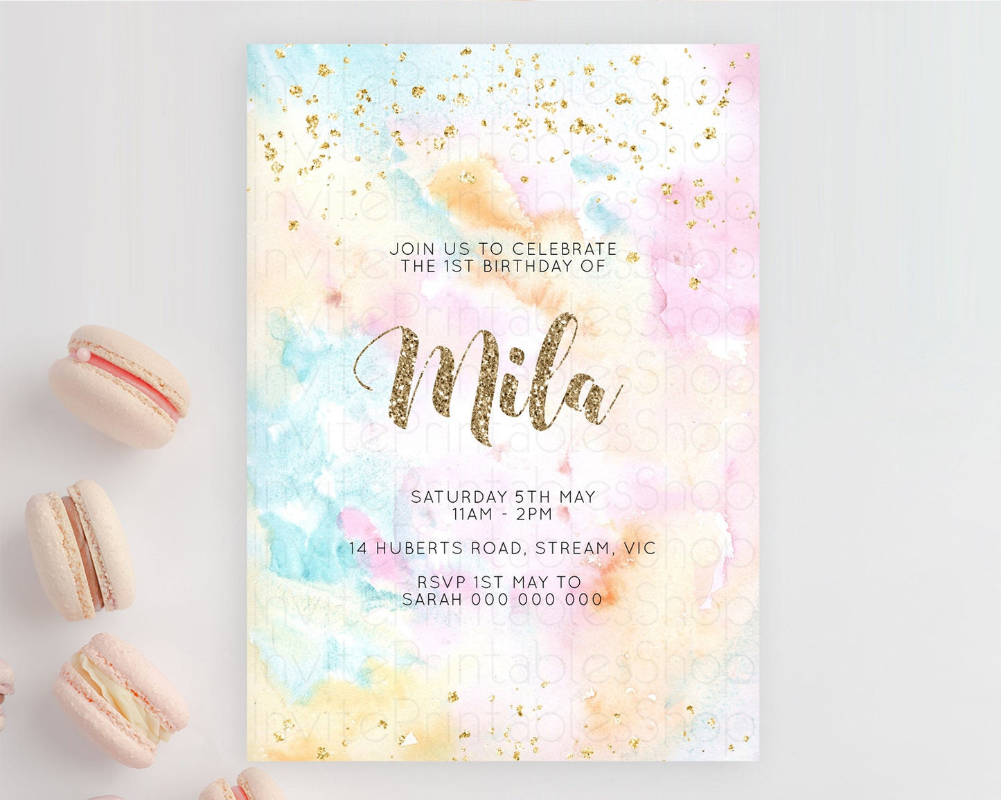 Rainbow Birthday Invitation Colorful Pastel Watercolor Invitation Gold Glitter Sprinkles Ombre Pastel 1st 2nd 3rd Birthday D10548