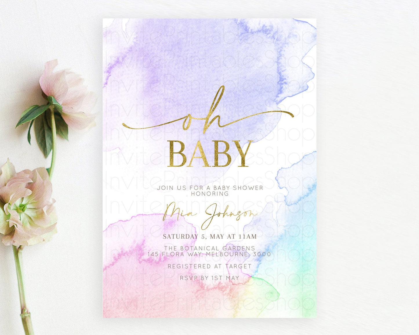 Pastel Baby Shower Invitation Rainbow Baby Shower Invitation Colorful Pastel Watercolor Invitation Gold Glitter Sprinkles Ombre D10215