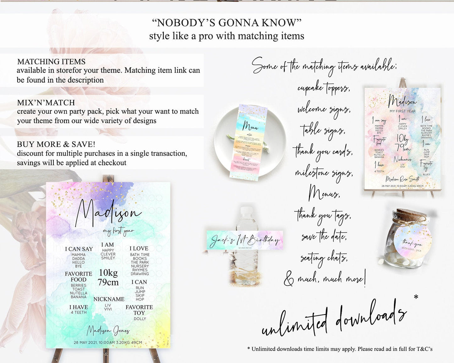 Pastel First Birthday Milestone Board Pastel Rainbow Milestone Poster Colorful Confetti Watercolor Glitter 1st Birthday Welcome Sign D10158