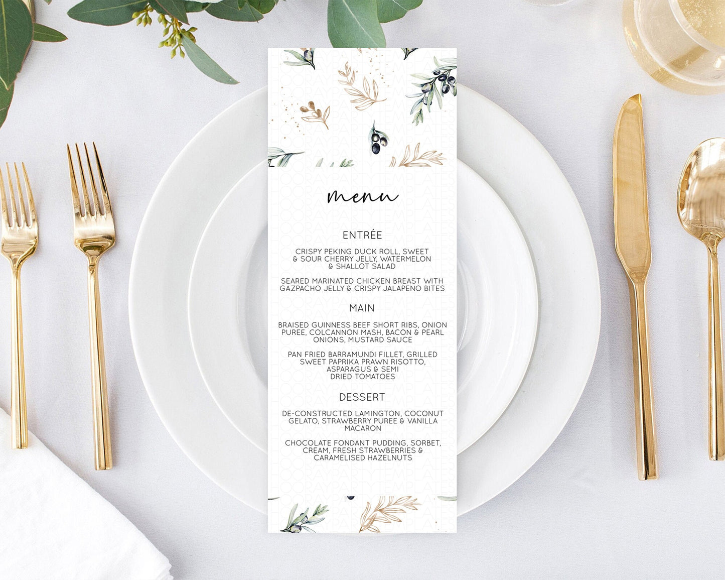 Leafy Menu Green Leaf Menu Template Eucalyptus Fern Leaves Decor Watercolor Boho Garden Leaf Branch Dinner Dessert Party Food Menu D11055