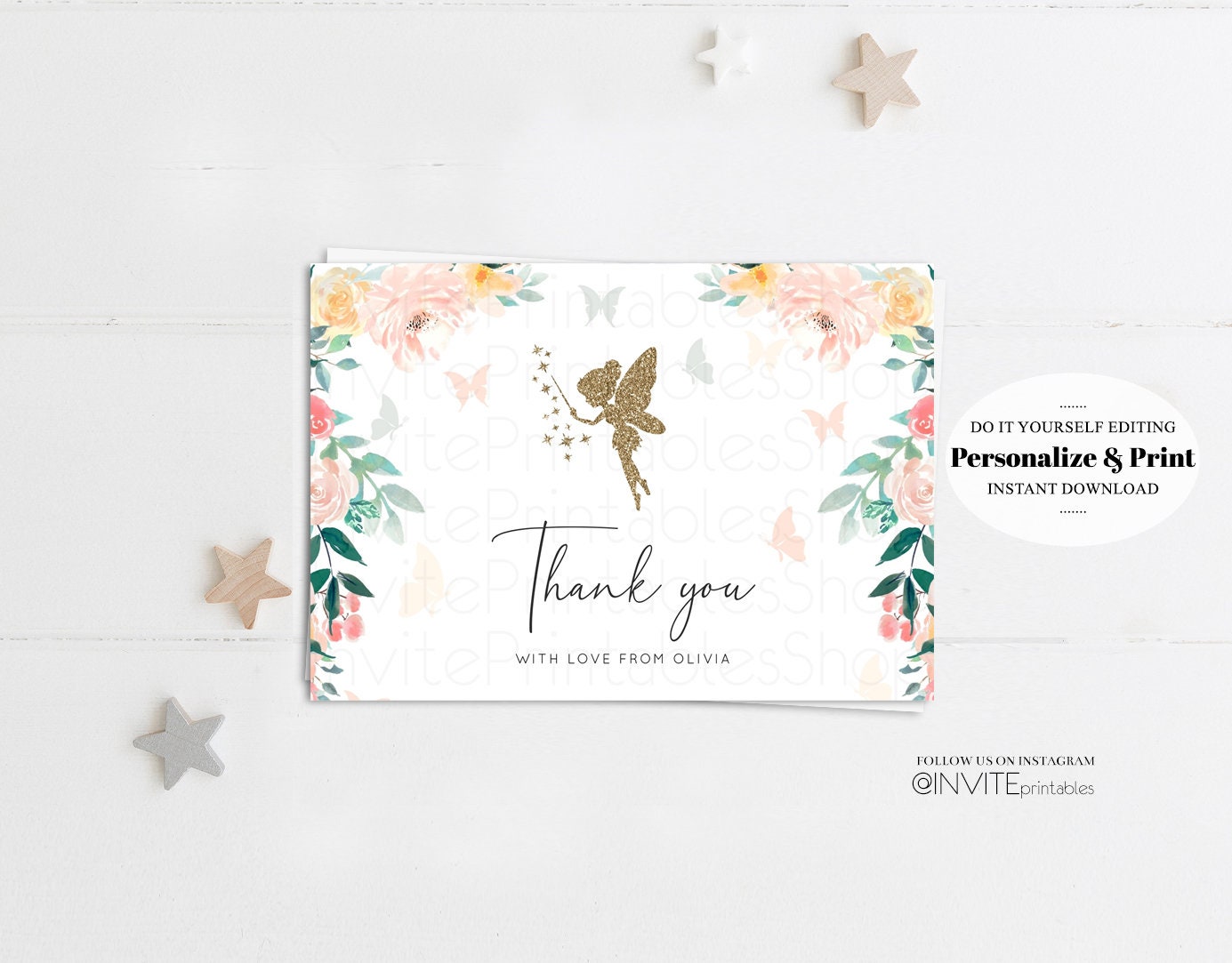 Fairy Thank You Card Gold Glitter Floral Bell Garden Tinker Custom Message Kids Birthday Baby Shower Gift Flat Postcard Printable 219