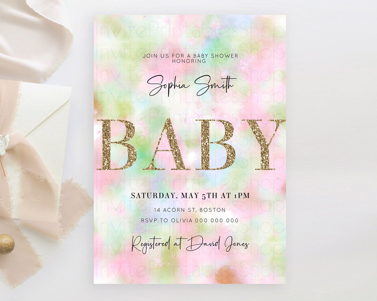 Pastel Baby Shower Invitation Rainbow Baby Shower Invitation Colorful Pastel Watercolor Invitation Gold Glitter Sprinkles Ombre D10698