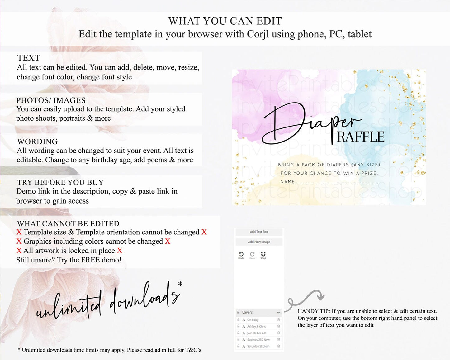 Pastel Diaper Raffle Card Pastel Rainbow Diaper Raffle Insert Colorful Ombre Watercolor Diaper Ticket Confetti Glitter Raffle Game D10155