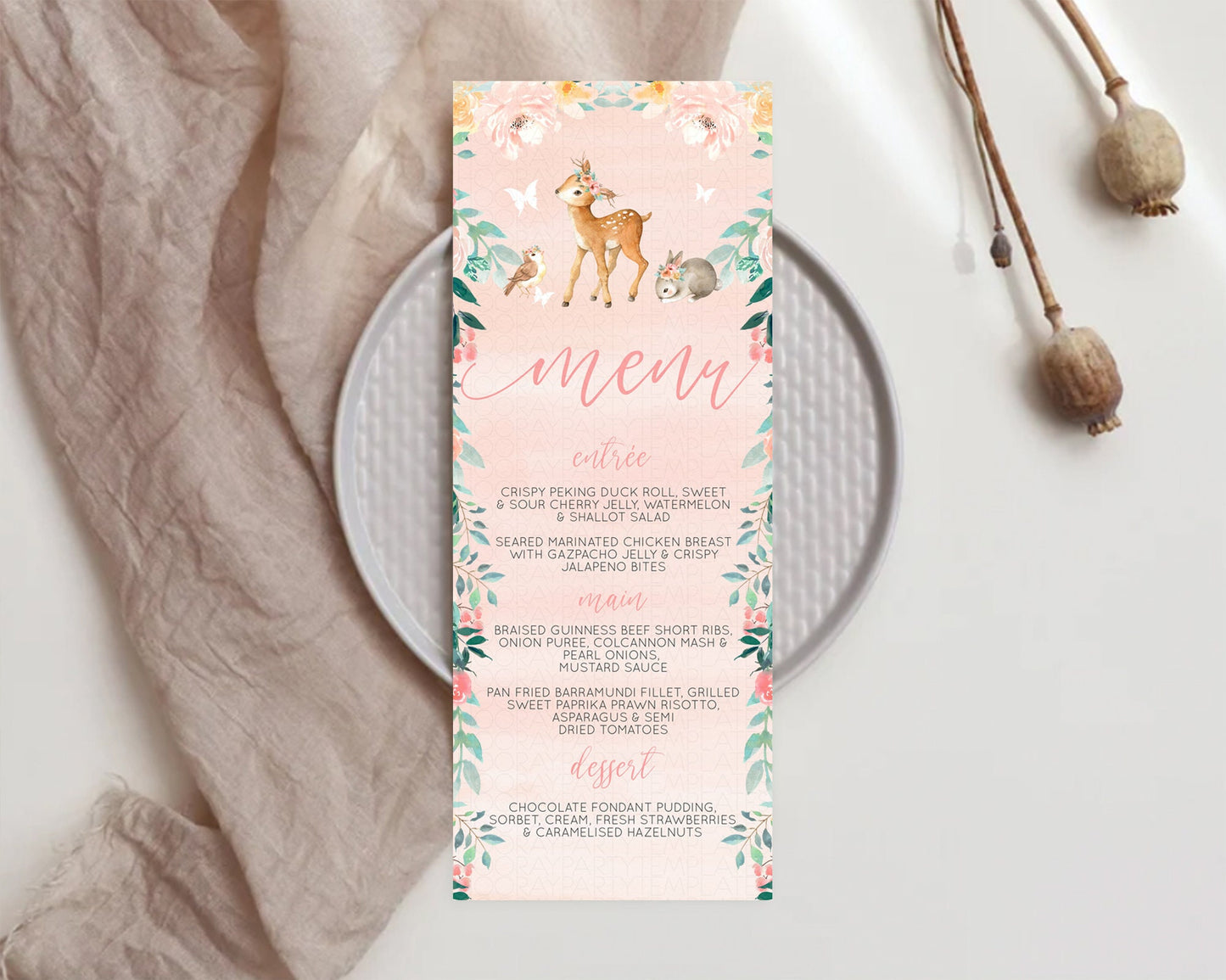 Fawn Menu Deer Menu Template Pastel Floral Deer Table Decor Enchanted Forest Butterfly Floral Dinner Dessert Menu Party Food Menu D10921