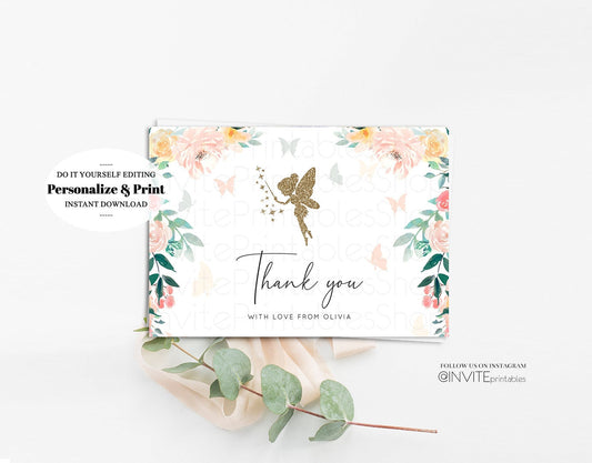 Editable Fairy Thank You Card Gold Glitter Floral Bell Garden Tinker Custom