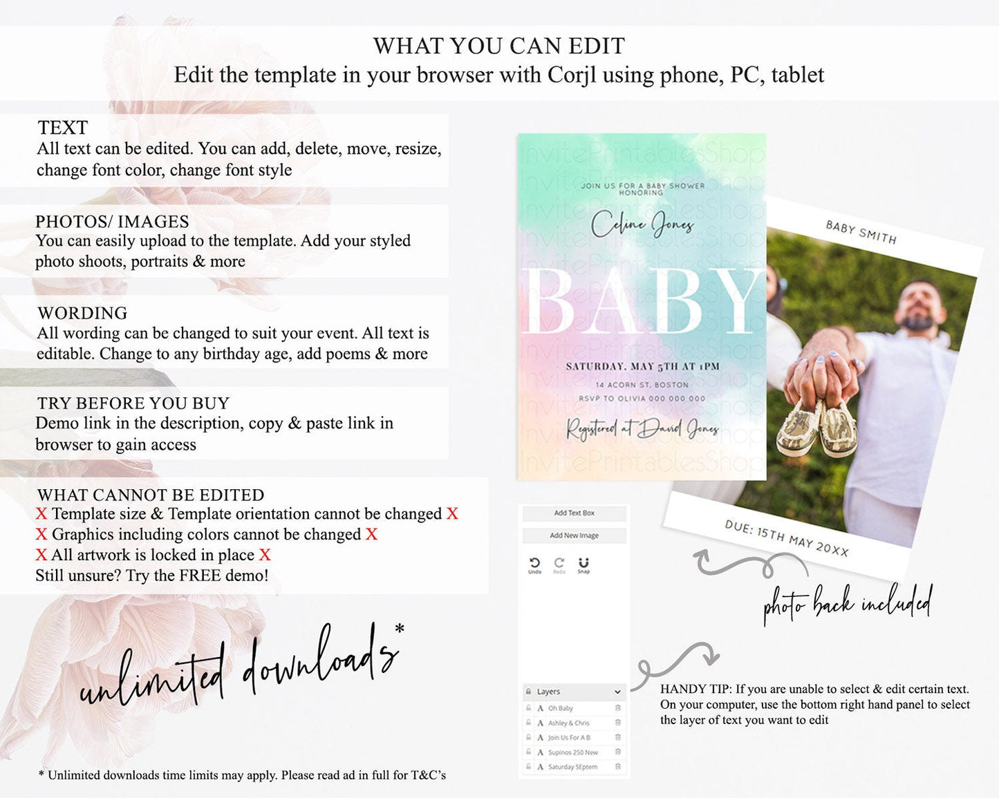 Pastel Rainbow Baby Shower Invitation: Colorful Watercolor with Gold Glitter and Ombre, Clouds - Blue Green Pink Theme Gender Reveal D10375