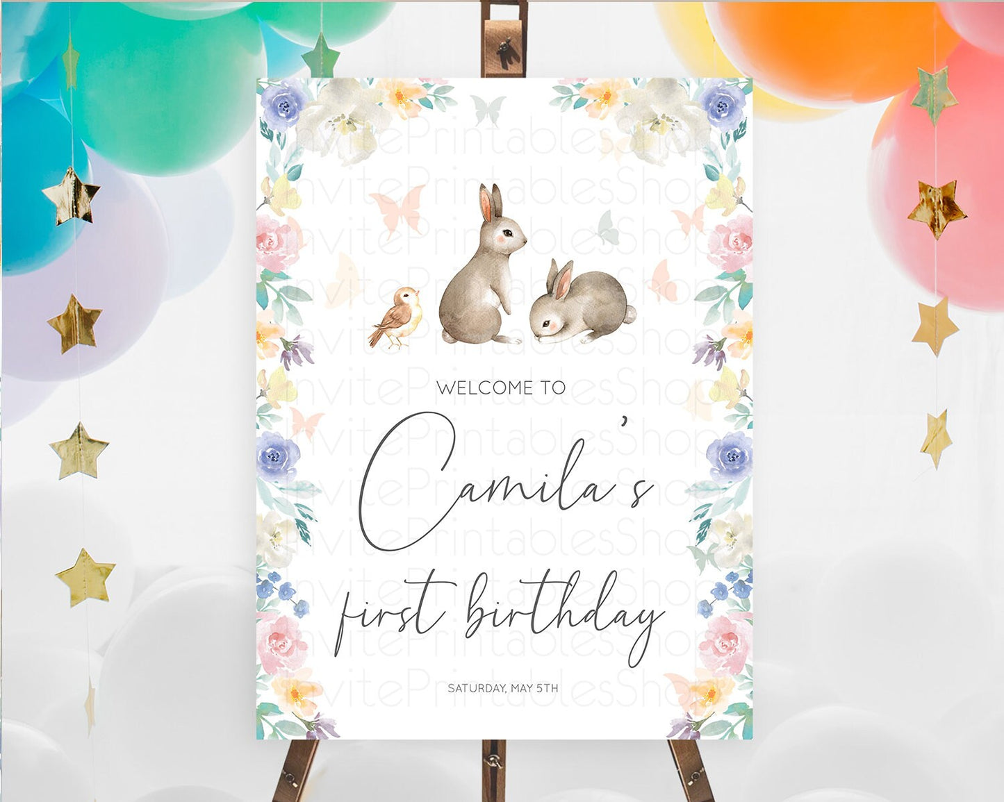 Bunny Welcome Sign Floral Bunny Welcome Board Pastel Flowers Woodland Bunny Welcome Poster Forest Bunny First Birthday Welcome Sign D10928