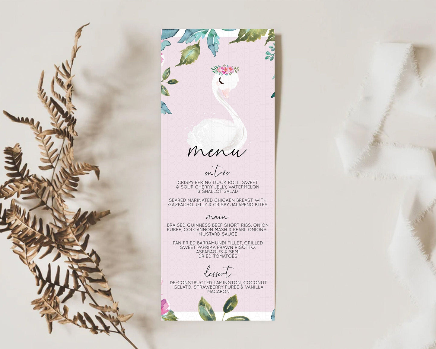Swan Menu Swan Princess Ballet Menu Template Enchanted Swan Lake Table Decor Secret Garden Pastel Floral Dinner Dessert Food Menu D10757