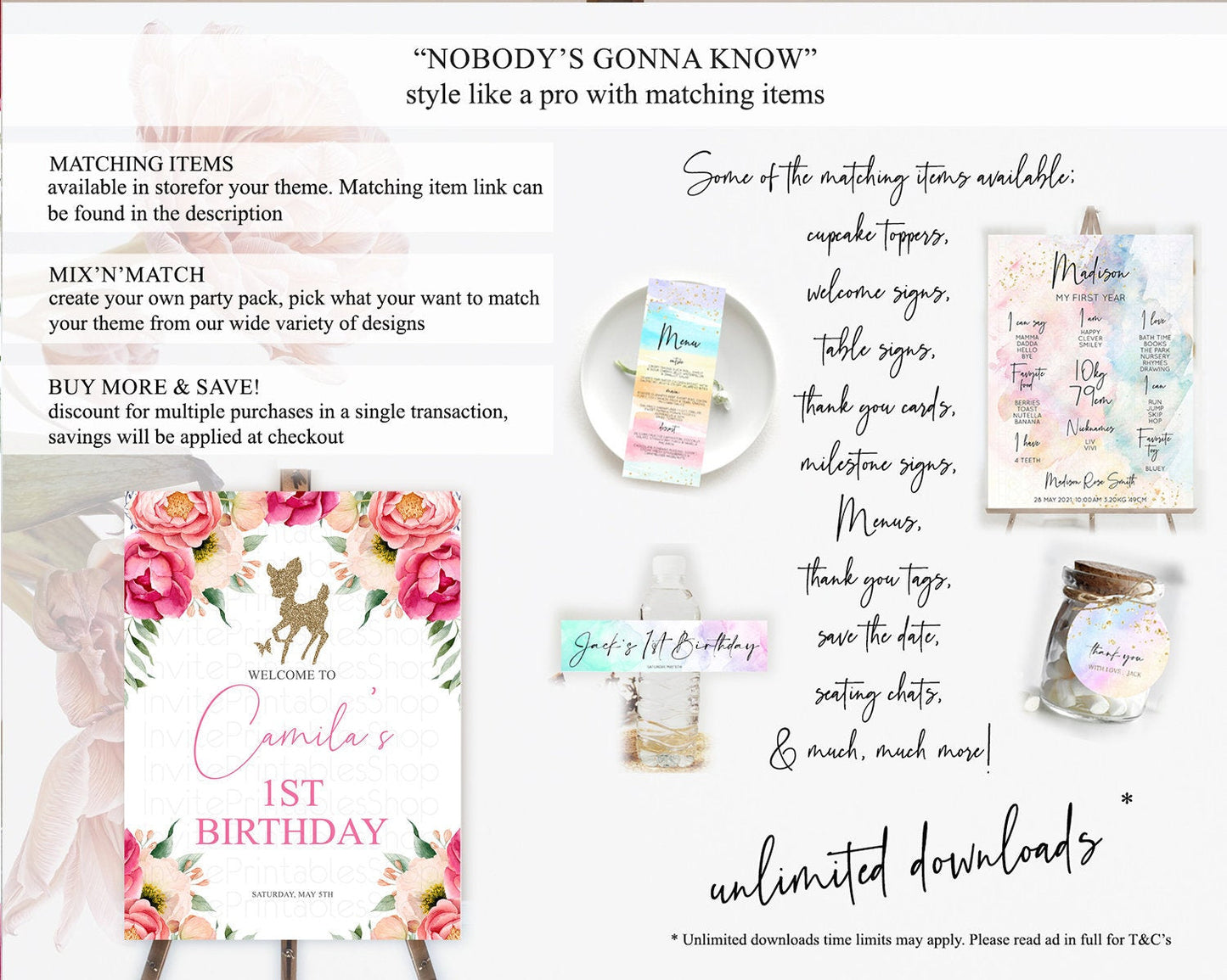 Fawn Welcome Sign Deer Welcome Board Floral Deer Welcome Poster Enchanted Forest Butterfly Pastel Floral First Birthday Welcome Sign D10326
