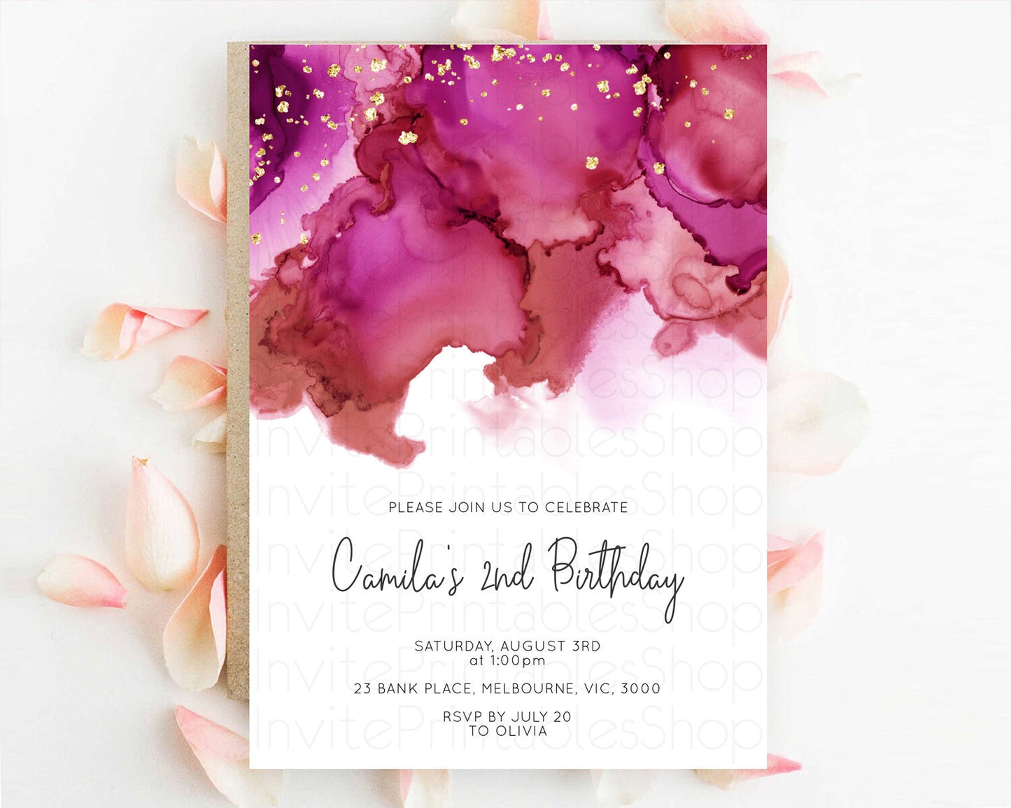 Pink Birthday Invitation pink Watercolor Invitation Pastel pink Watercolor Invitation pink Splash Gold Invitation 1st First Birthday D11069