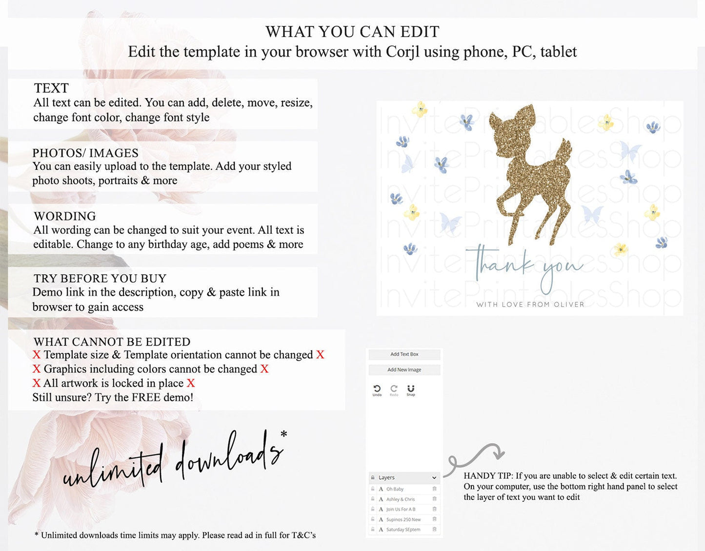 Fawn Thank You Deer Thank You Card Pastel Floral Deer Birthday Thank You Card Enchanted Forest Butterfly Deer Teacher Thank You Card D10864