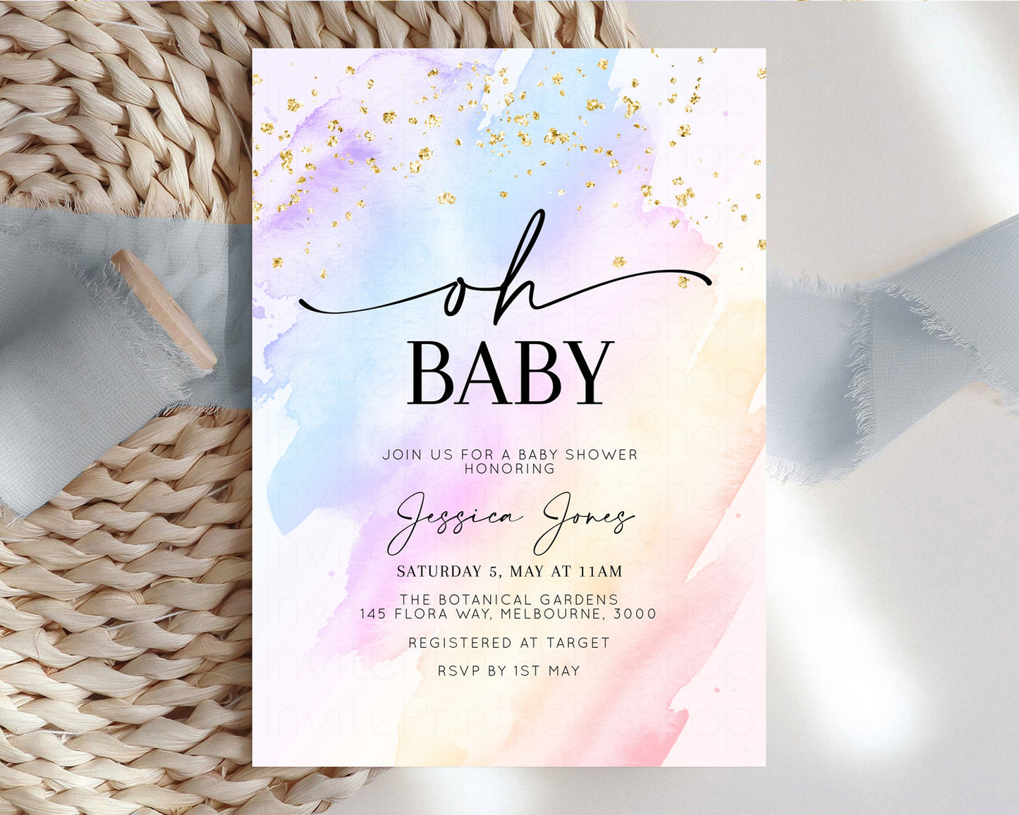 Rainbow Baby Shower Invitation Pastel Baby Shower Invitation Watercolor Ombre Invitation Rainbow Pastel Colors Invite Glitter Confetti t600