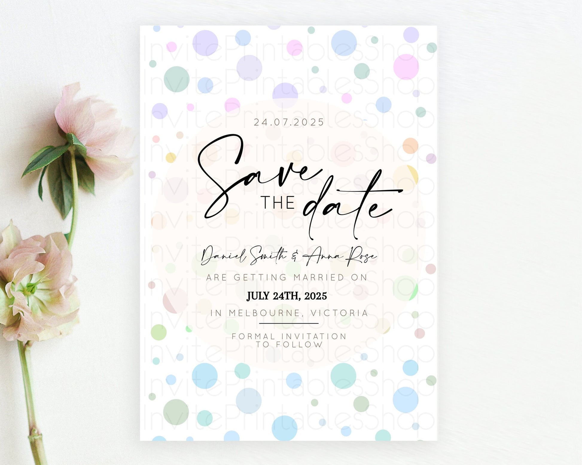 Editable Pastel Confetti Save The Date Template Rainbow Colorful Sprinkles P