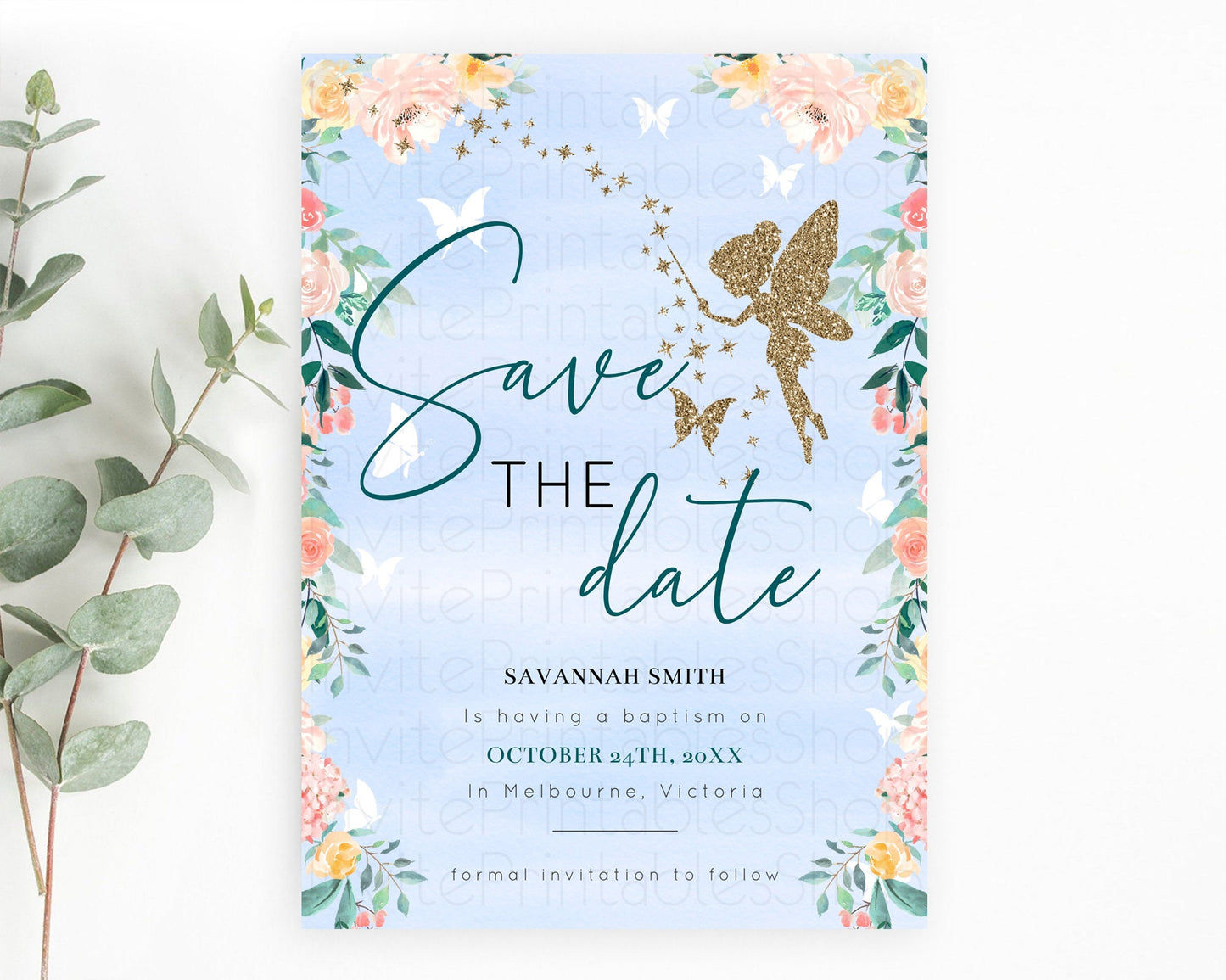 Fairy Save The Date Template Enchanted Garden Pastel Floral Butterfly Party Secret Garden Birthday Baptism Baby Shower Bridal Shower D10794