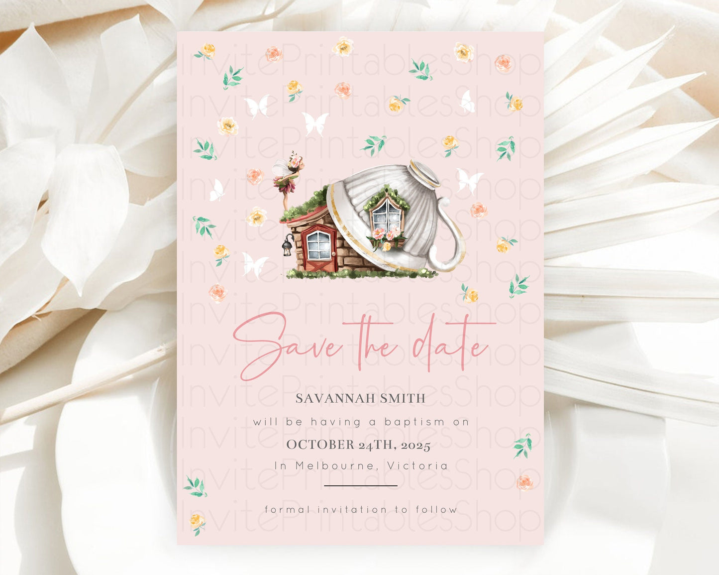 Fairy Save The Date Template Enchanted Garden Pastel Floral Butterfly Party Secret Garden Birthday Baptism Baby Shower Bridal Shower D10384