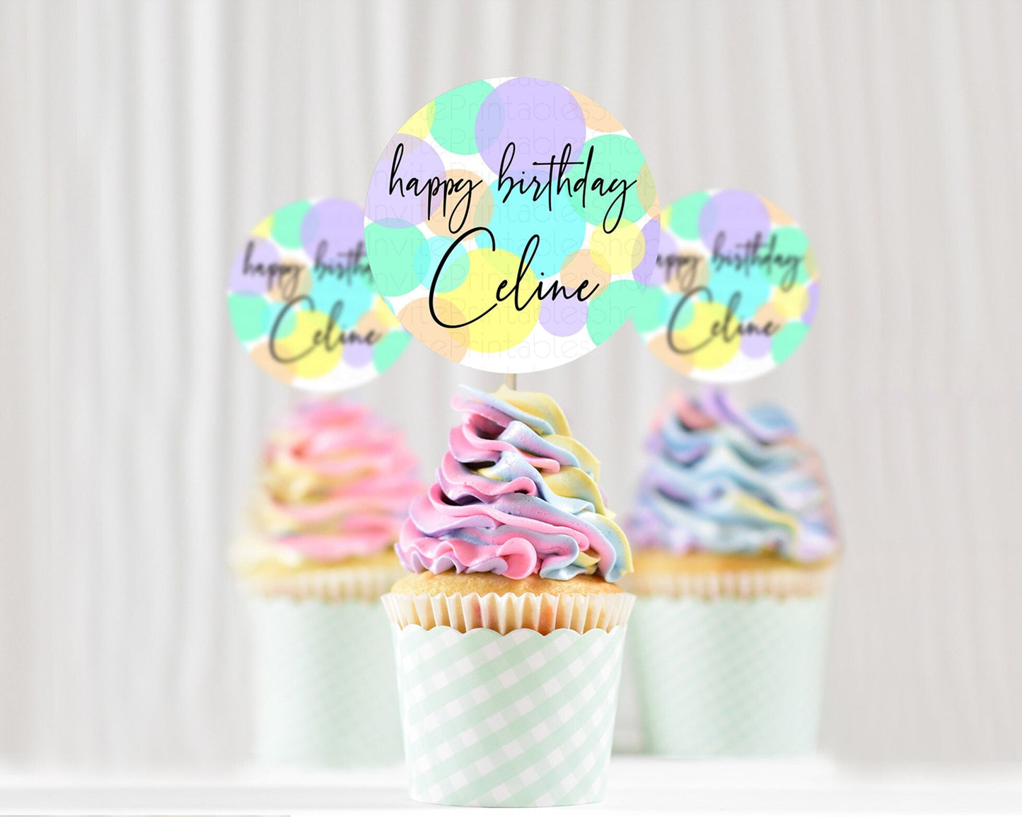 Pastel Cupcake Toppers Pastel Confetti Cupcake Topper Bubbles Sprinkles Colorful Rainbow Confetti Cupcake First Birthday Party Decor D10415