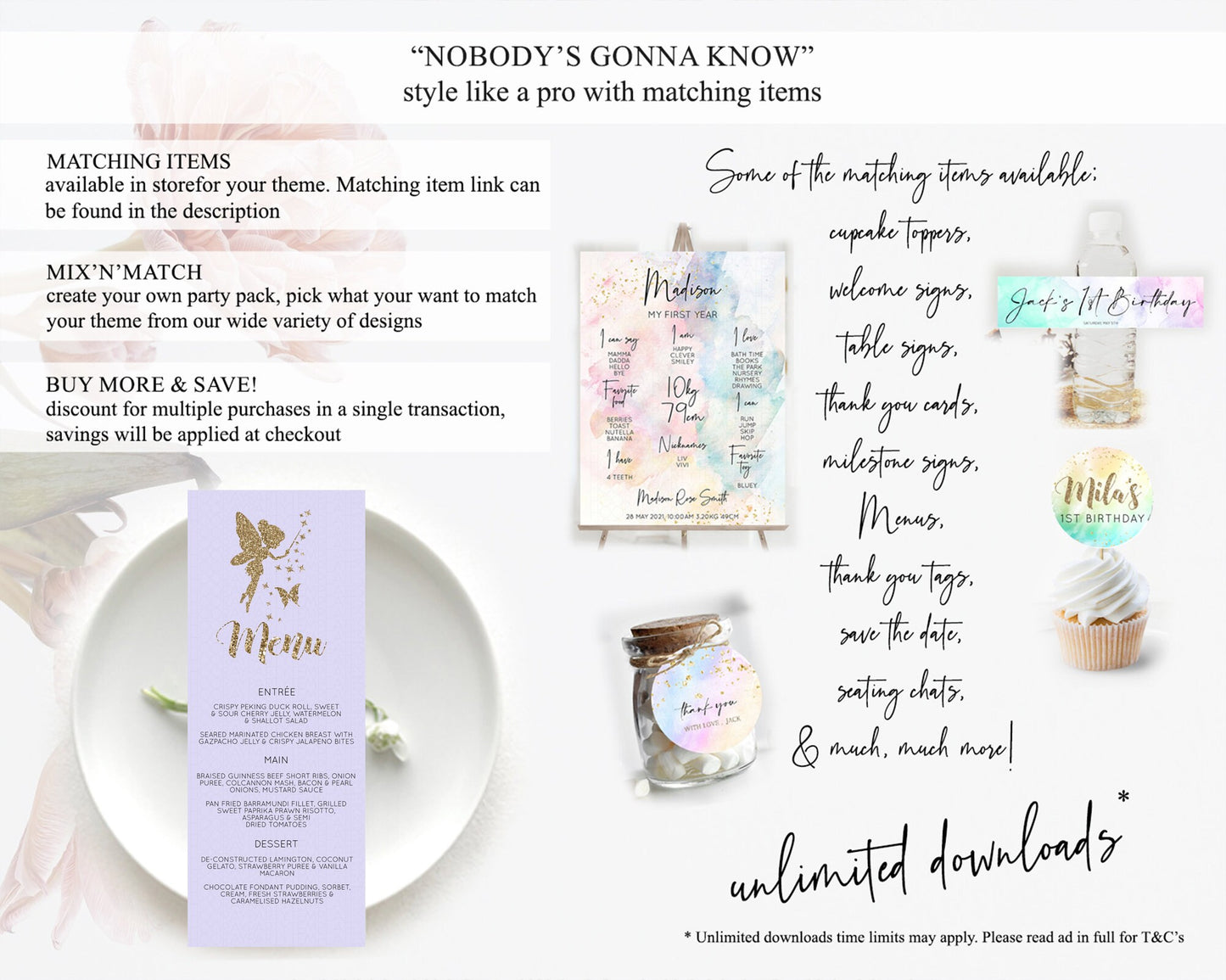 Fairy Menu Fairy Menu Template Enchanted Garden Pastel Floral Butterfly Table Décor Fairy Secret Garden Dinner Dessert Food Menu D10389