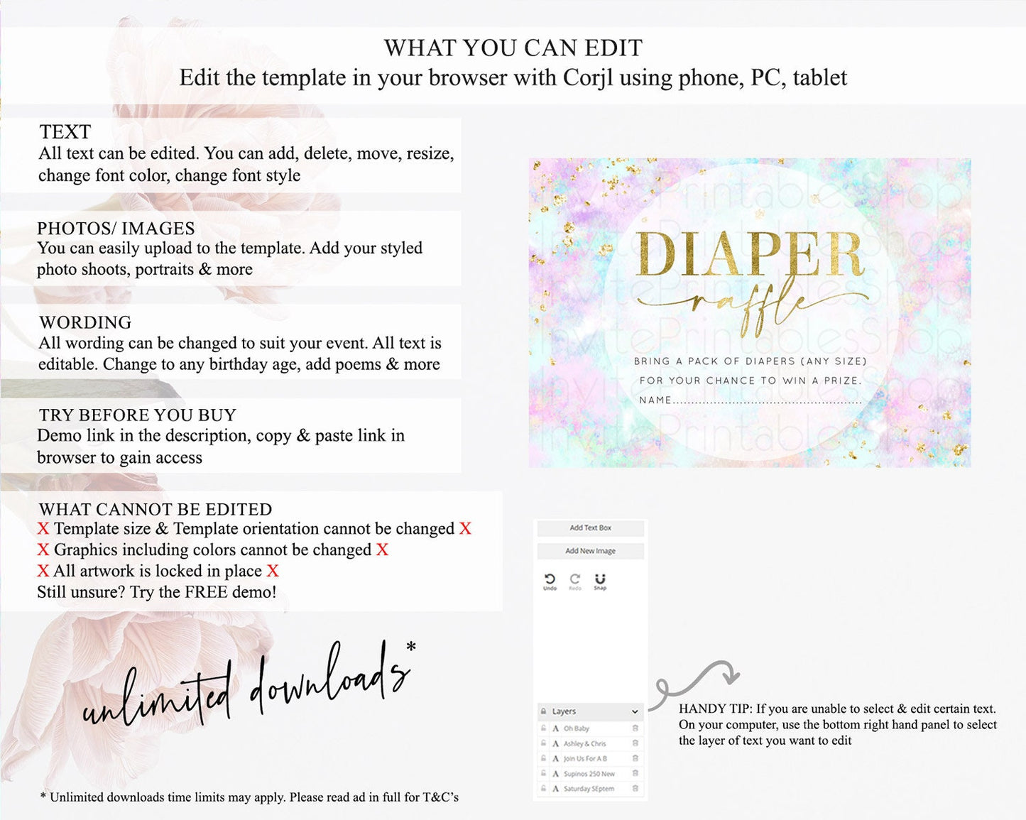 Pastel Diaper Raffle Card Pastel Rainbow Diaper Raffle Insert Colorful Ombre Watercolor Diaper Ticket Confetti Glitter Raffle Game D10652