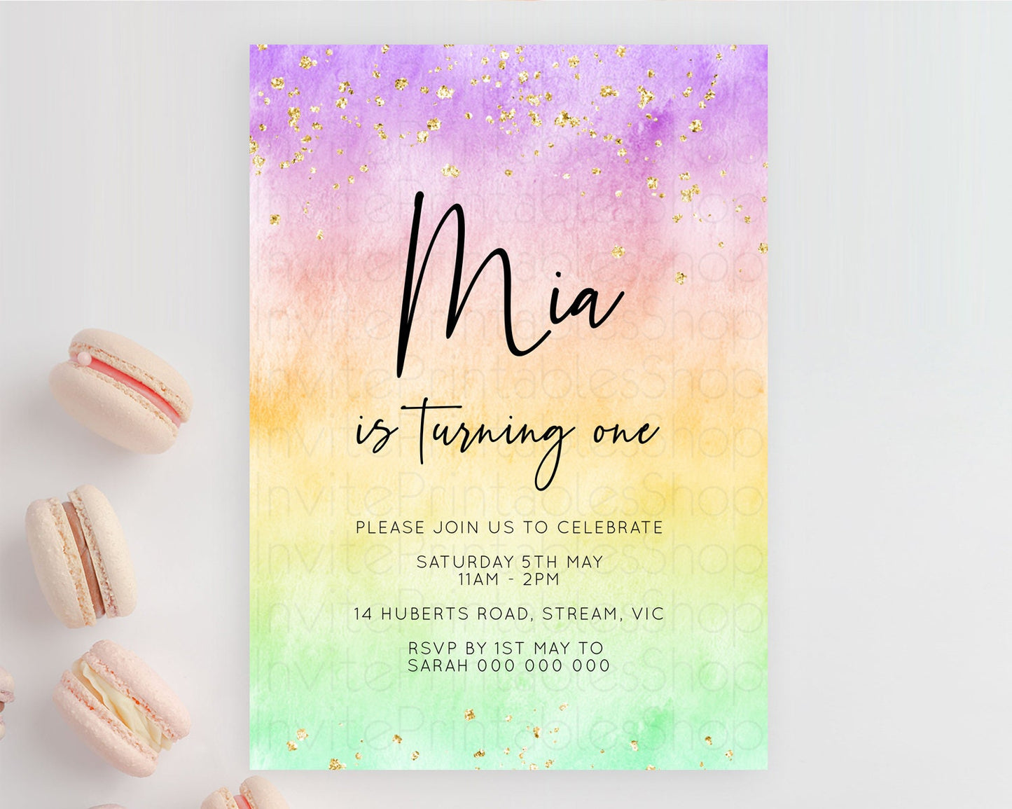 Rainbow Birthday Invitation Colorful Pastel Watercolor Invitation Gold Glitter Sprinkles Ombre Pastel 1st 2nd 3rd Birthday D10514