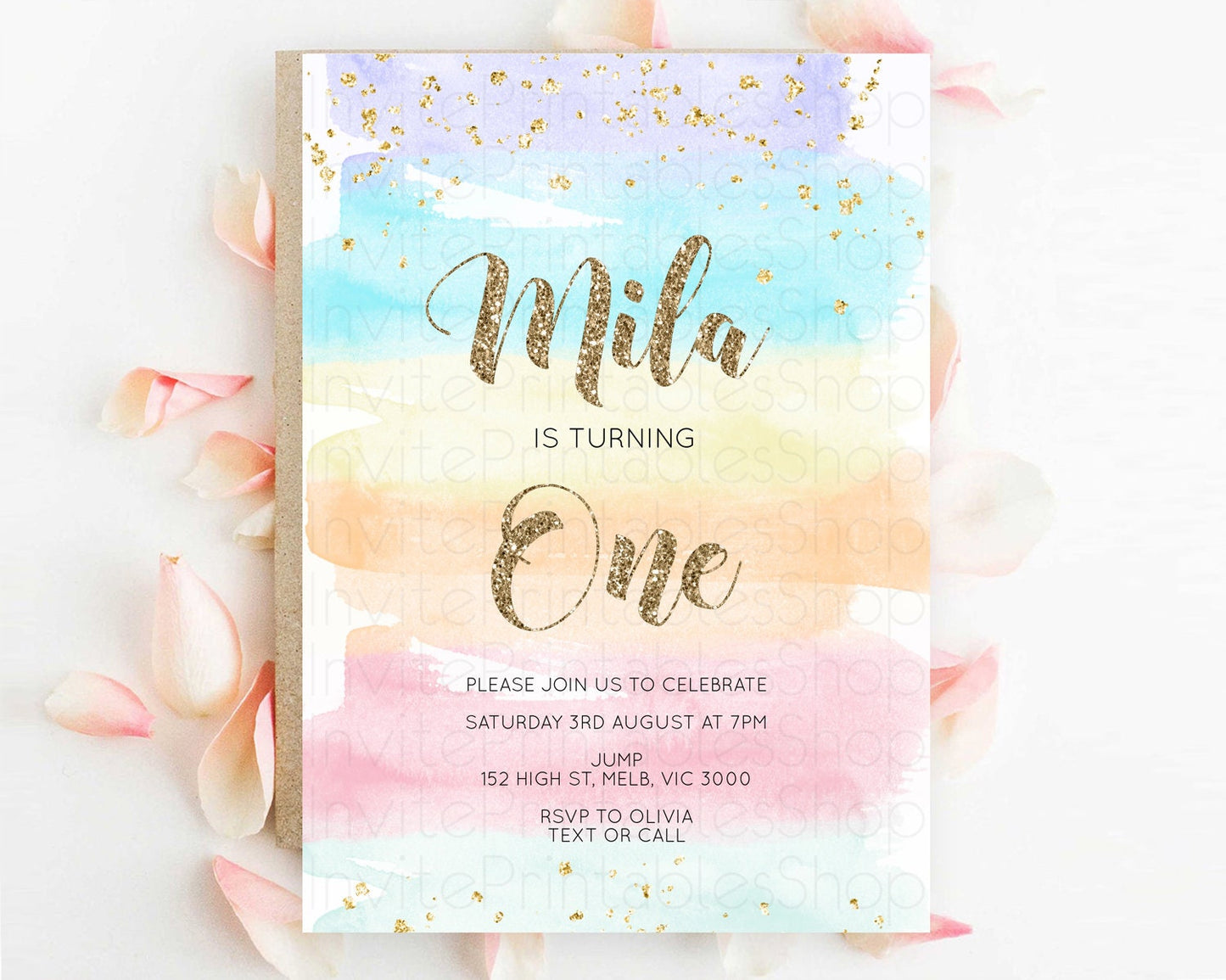 Rainbow Birthday Invitation Colorful Pastel Watercolor Invitation Gold Glitter Sprinkles Ombre Pastel 1st 2nd 3rd Birthday D10508