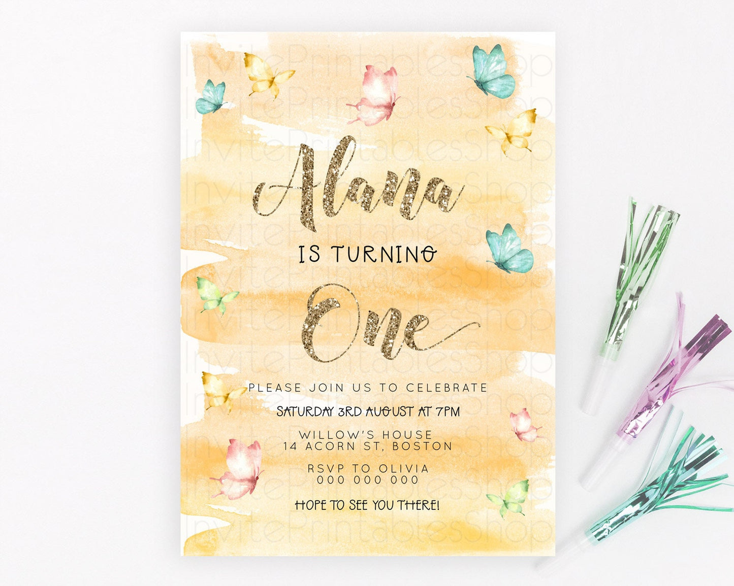 Pastel Butterfly Birthday Invitation Butterfly Birthday Invitation Colorful Splash Glitter Butterfly Garden 1st 2nd Birthday D23231