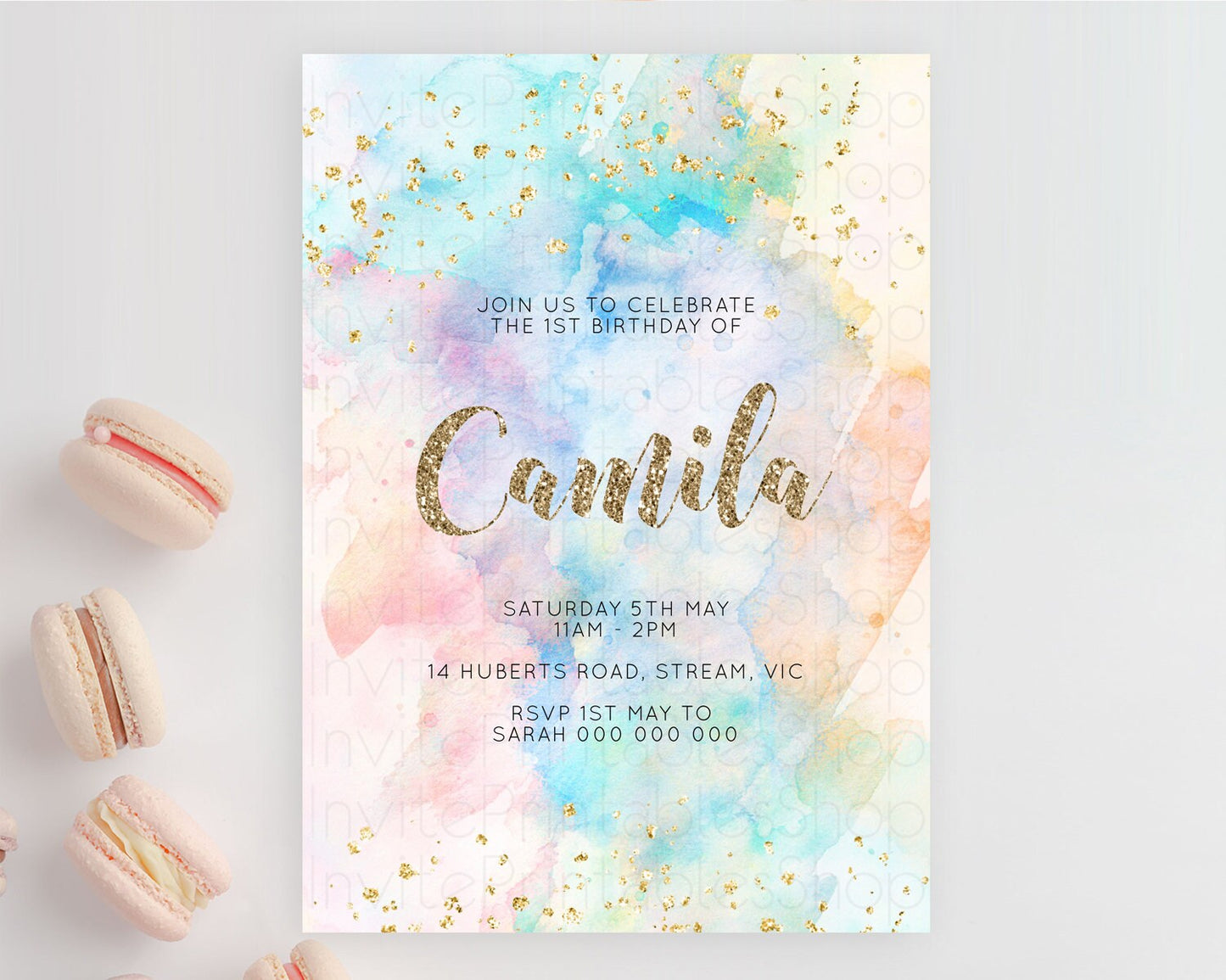 Rainbow Birthday Invitation Colorful Pastel Watercolor Invitation Gold Glitter Sprinkles Ombre Pastel 1st 2nd 3rd Birthday D10261