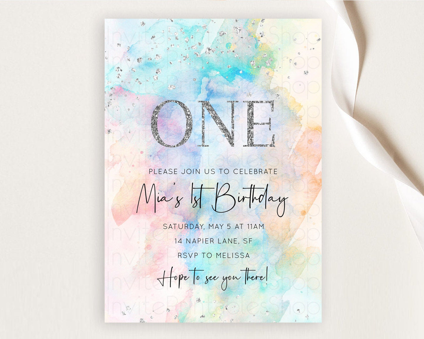 Rainbow Birthday Invitation Colorful Pastel Watercolor Silver Glitter Sprinkles Ombre Pastel Invitation 1st 2nd 3rd First Birthday D11031