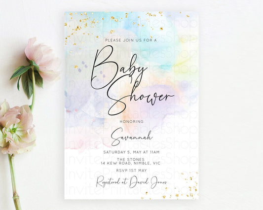 Pastel Baby Shower Invitation Rainbow Baby Shower Invitation Colorful Pastel Watercolor Invitation Gold Glitter Sprinkles Ombre D10769